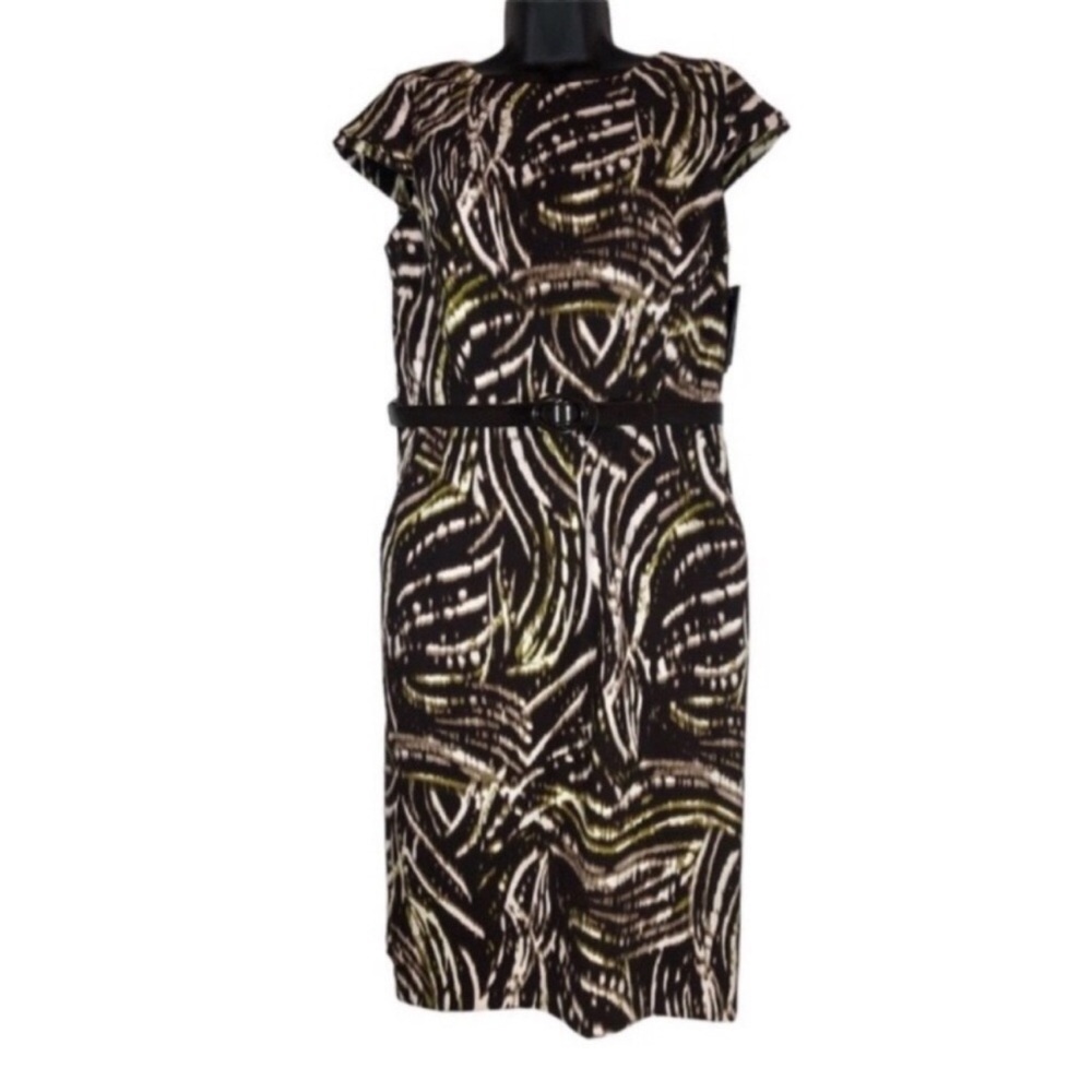 NWT AGB Dress abstract tropical leaf dress Sz 8 Patten Leather Belt New with Tag